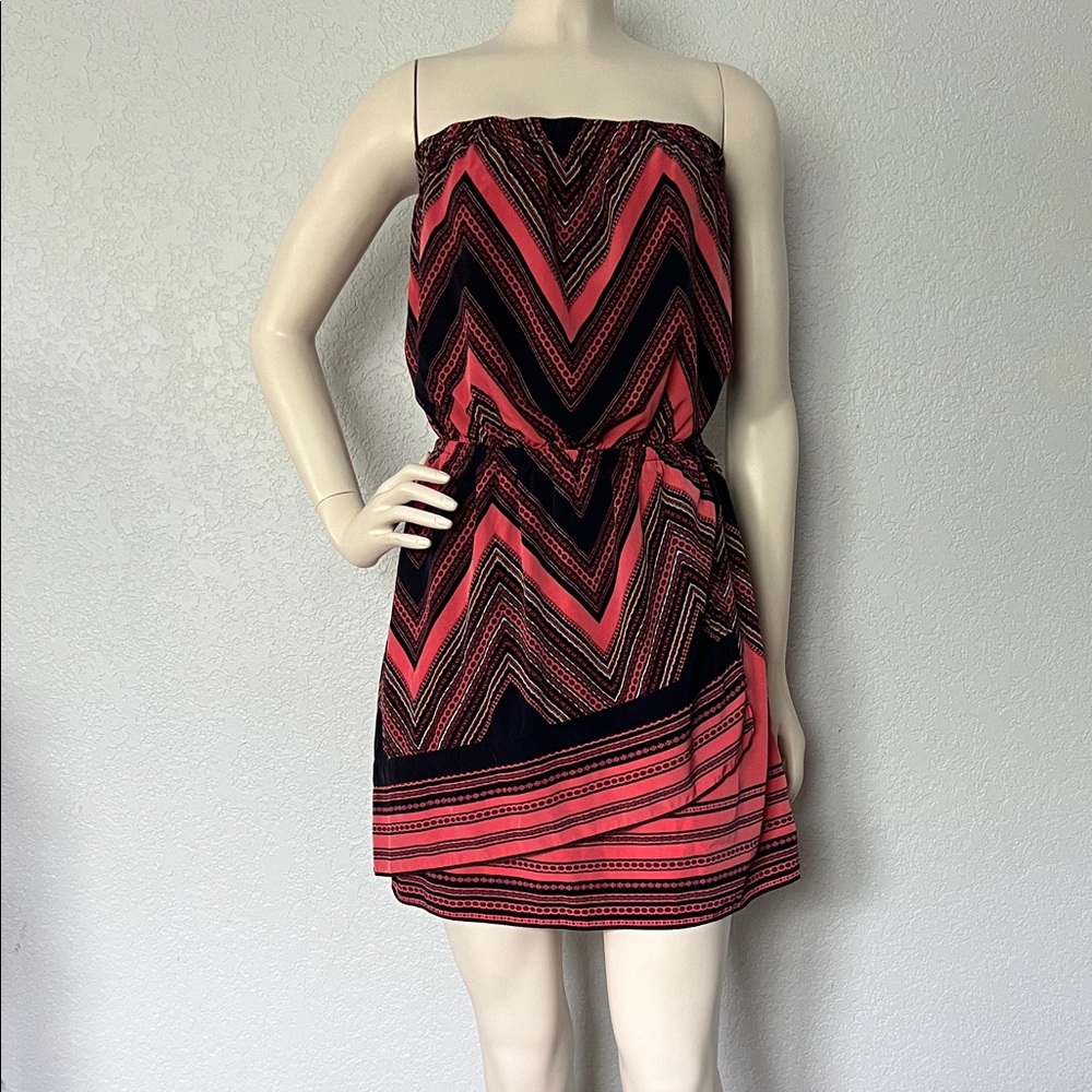 Strapless Chevron Mini Dress Pink Black Wrap Waist Size Med Express